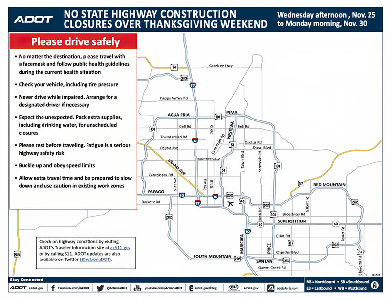 No AZ Road Construction/Maintenance Closures Over Thanksgiving Week